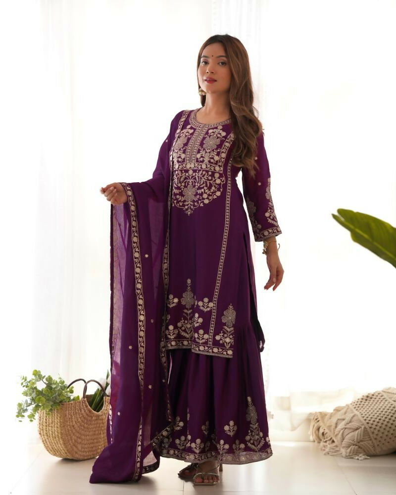 Lehenga Mart Designer Sharara Suit With Kurta, Sharara, Dupatta For Women-Purple