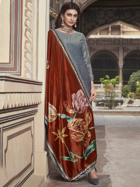 Aastha Fashion Women's Grey Velvet Floral Digital Printed Kurta with Trouser & Dupatta - Grab2buy