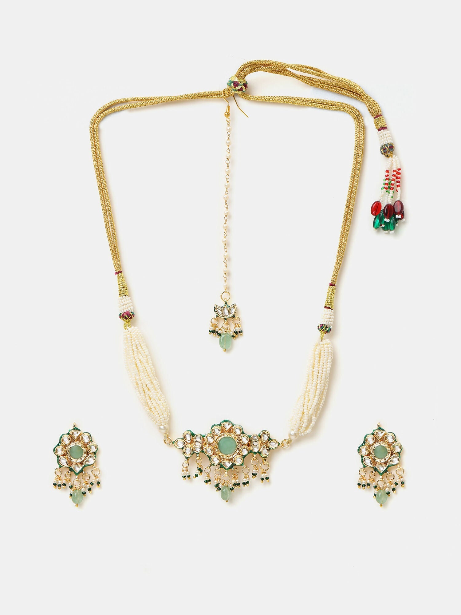 Ruby Raang Green-Gold Kundan Neck Piece With Matching Earrings And Maang Tikka