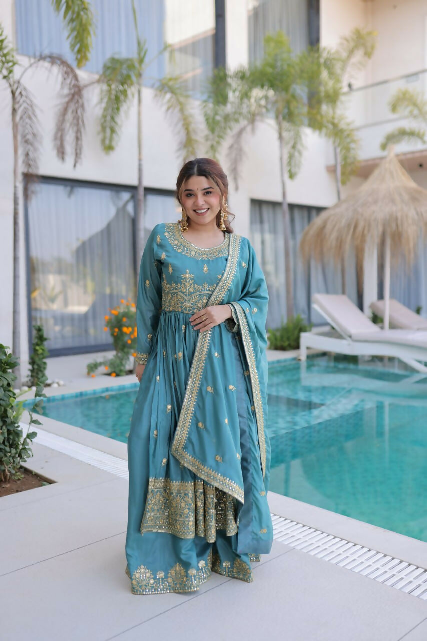 Teeya Creation Womens New Bollywood Stylish Super Silk With Rich Sequins Embroidered Work Kurta Set