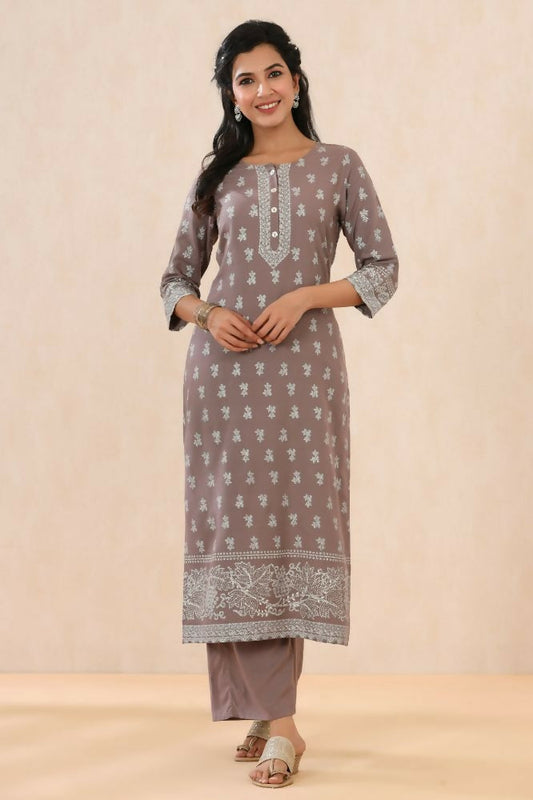 Juniper Grey Ethnic Motif Printed Rayon Kurta With Buttons