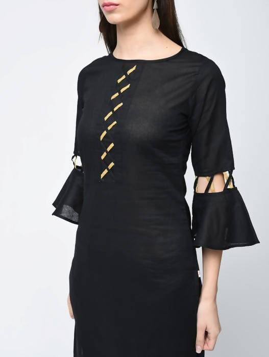 Aniyah Cotton Criss Cross Bell Sleeves Straight Kurta In Black (AN-101C) 