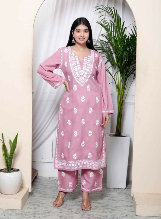 Miravan Women's Chikankari Embroidery Pink Straight Kurta & Palazzo Set 