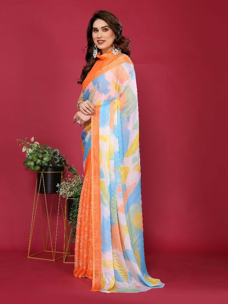 PR Fashion Orange Moss Chiffon Printed Saree