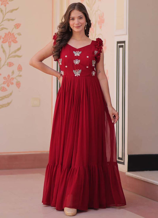 Prazu Fashion Maroon Georgette Embroidered Designer Gown