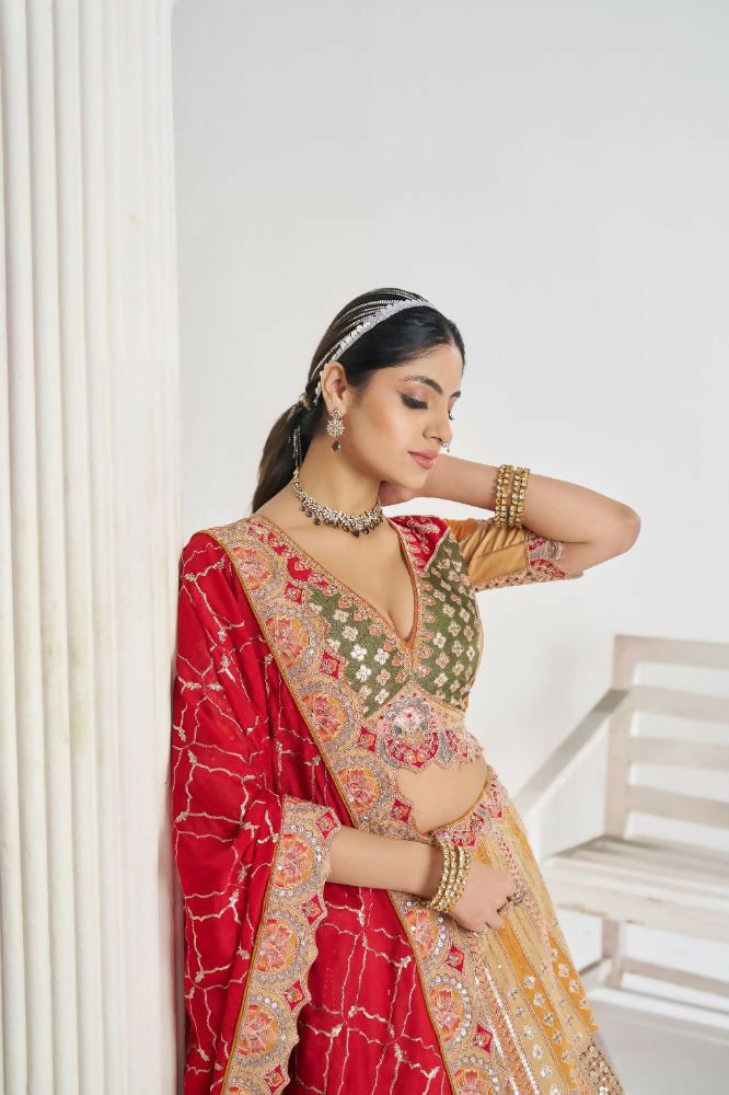 Kesar Fab Mustard Net Embroidered Lehenga