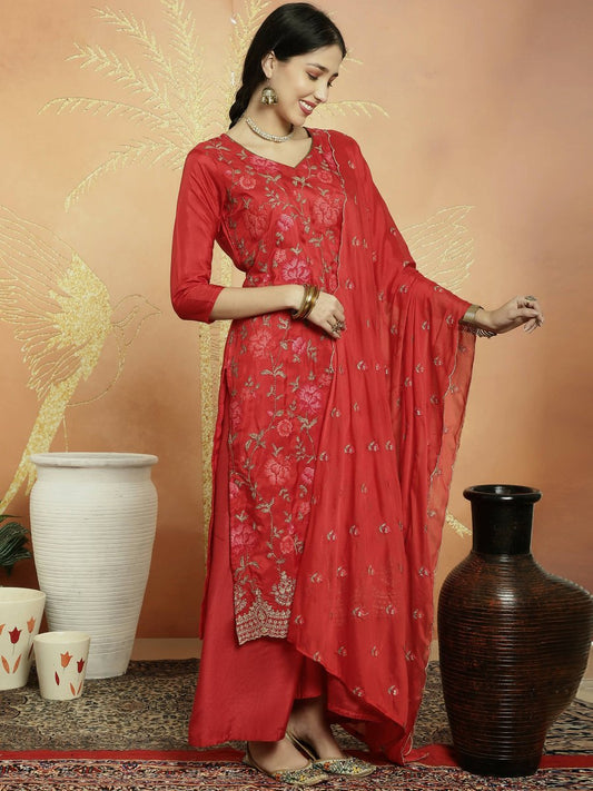 Aastha Fashion Women's Red Upada Silk Floral Resham Thread Kurta with Trouser & Dupatta - Grab2buy