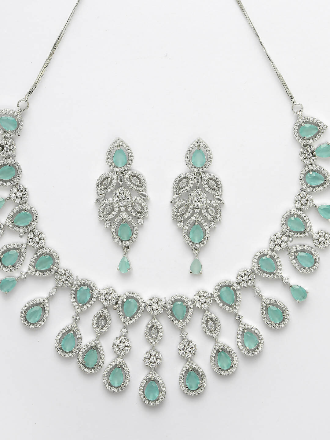 NVR Women Silver Plated & Turquoise Cz Stone Handcrafted Jewellery Set - Grab2buy
