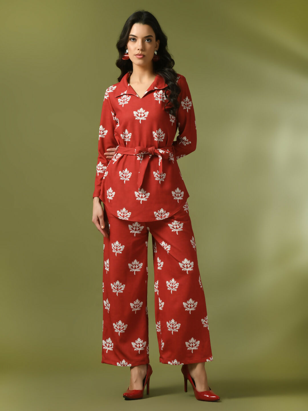 Myshka Women's Rust Printed Polo Collar Party Top With Trousers Co-ord set 