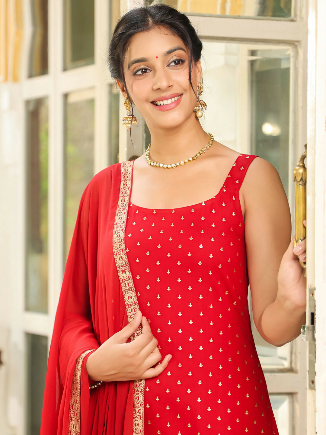 Janasya Maroon Rayon Foil Print Kurta,Bottom & Dupatta 