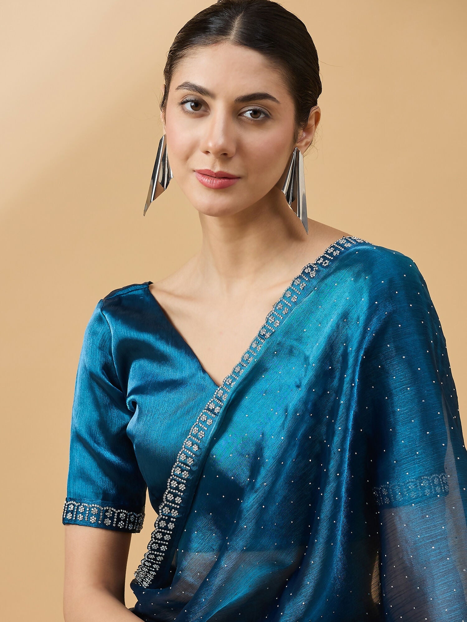 Teal Organza Swaroski Diamond Work Saree with Unstitched Blouse - Radha