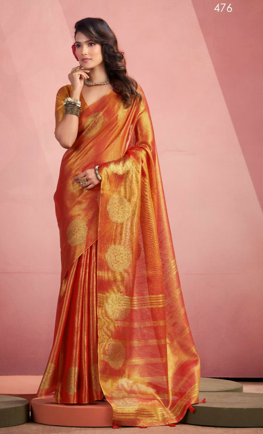 Anaita Orange Silk Tissue Zari Weaving Work Saree With Blouse Piece