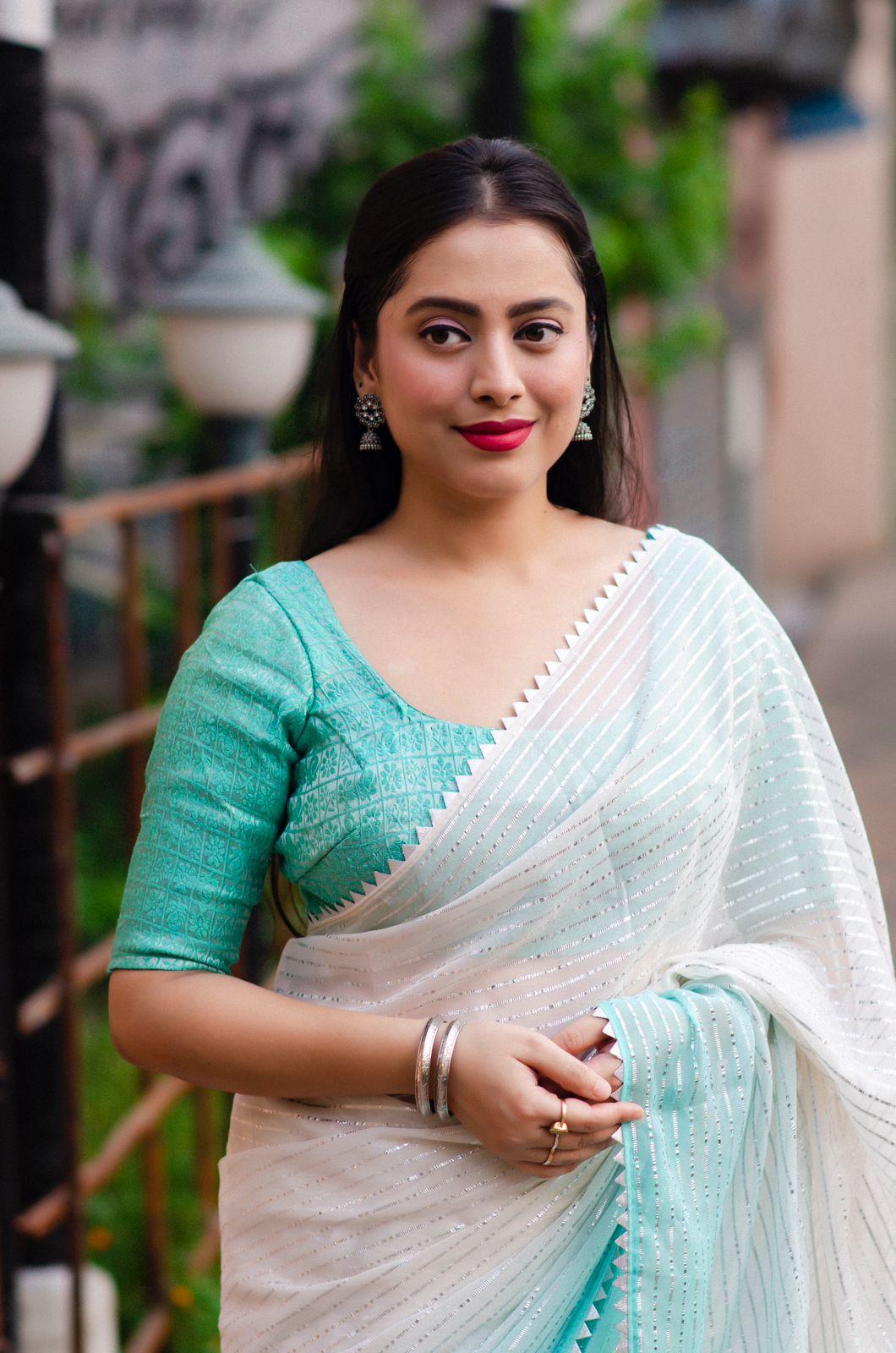 Green Poly Chiffon Striped Saree with Unstitched Blouse - A2M