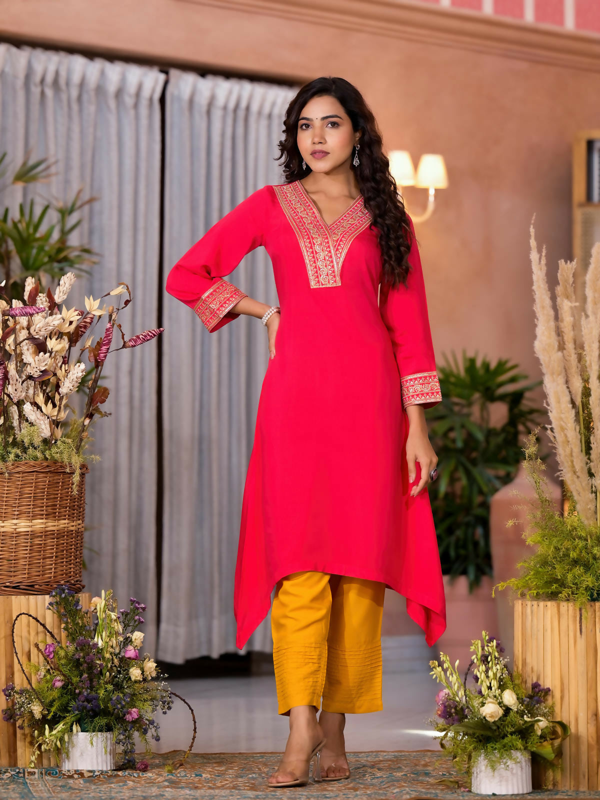 Juniper Women's Fuchsia Zari Embroidered Viscose Kurta & Pant Set With Sequins