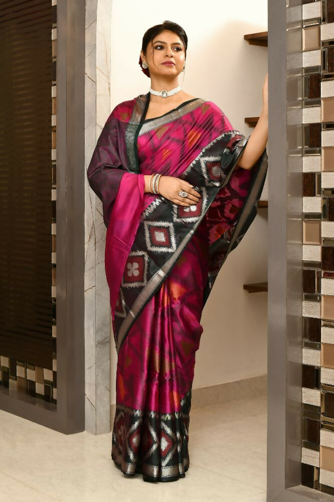 Joban Fashion Black & Pink Saree Kataan Ikkat