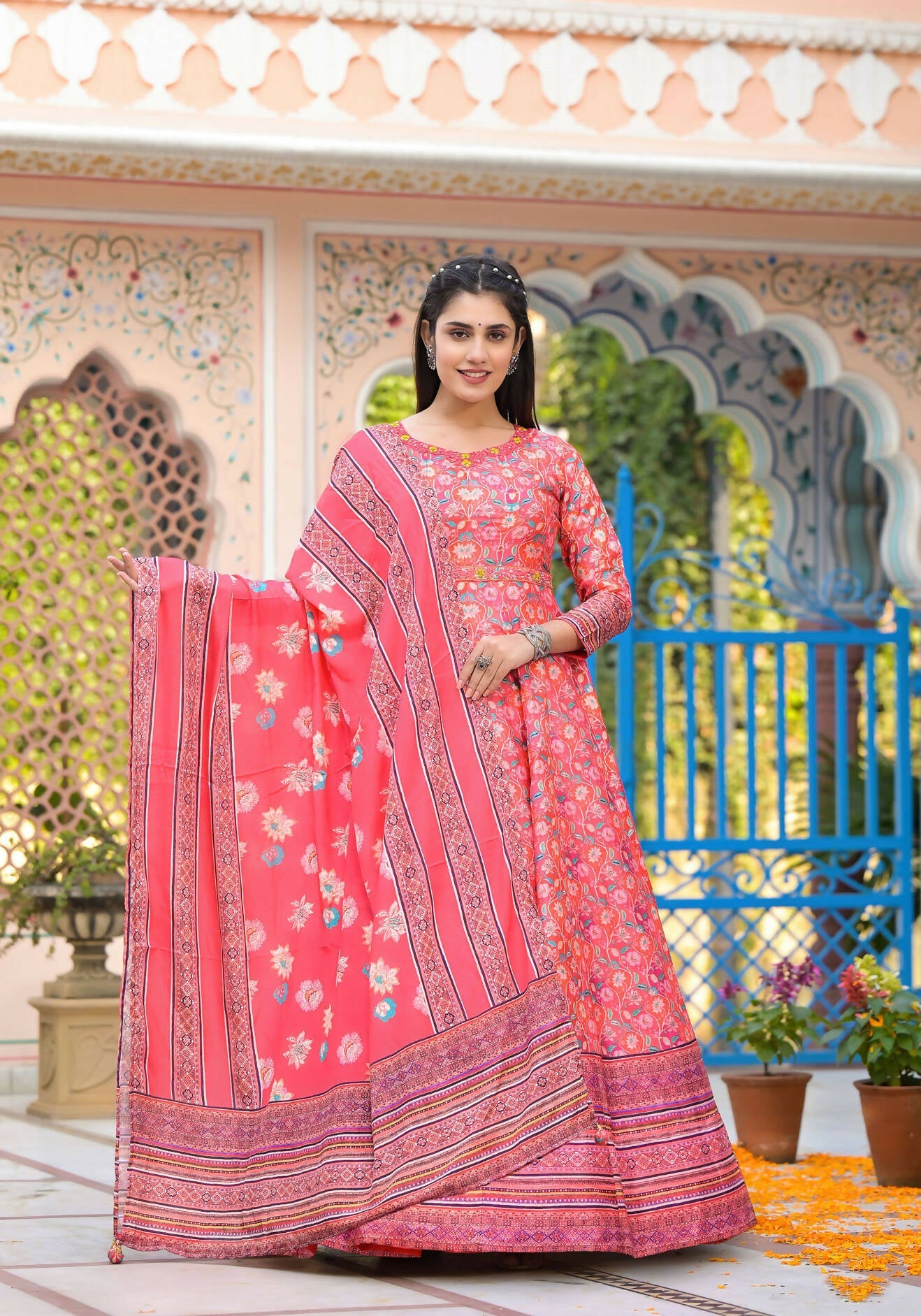 Functional Designer Red-Orange Dola Silk Anarkali suit with Dupatta - Ramya