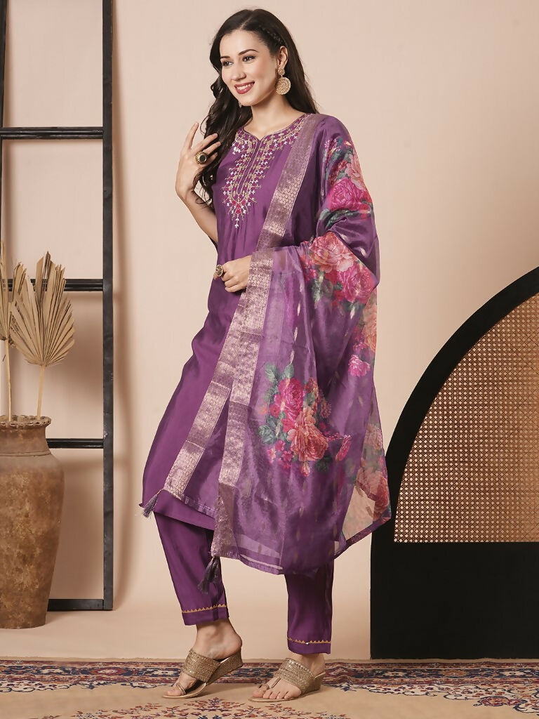 Purple Viscose Chanderi Embroidery Work Kurta Set - Riya