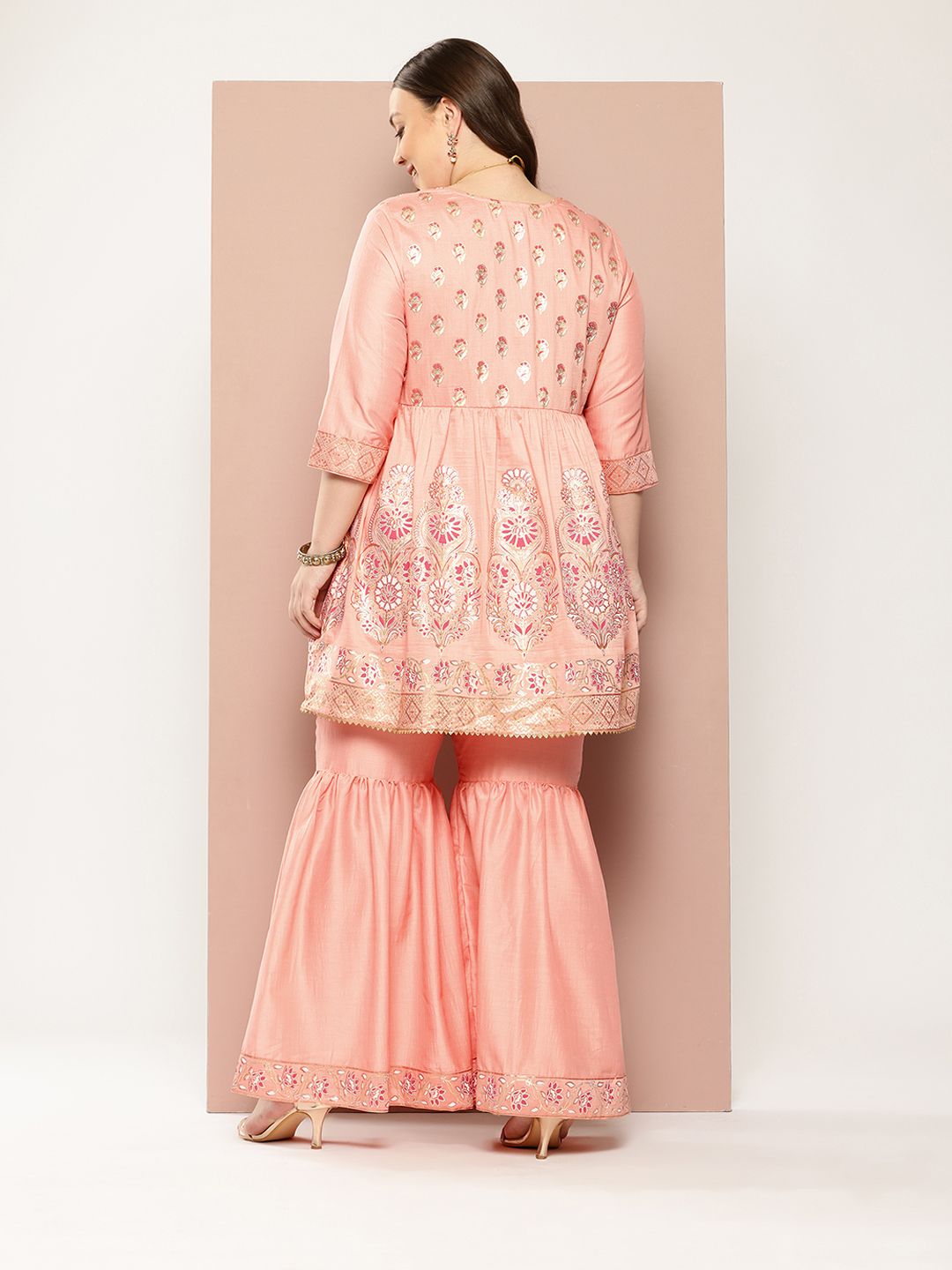 Sztori Plus Size Ethnic Motifs Printed Gotta Patti Empire Kurta with Sharara