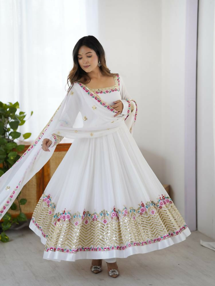 Joban Fashion White Georgette Sequence Embroidery Work Readymade Kurta Set