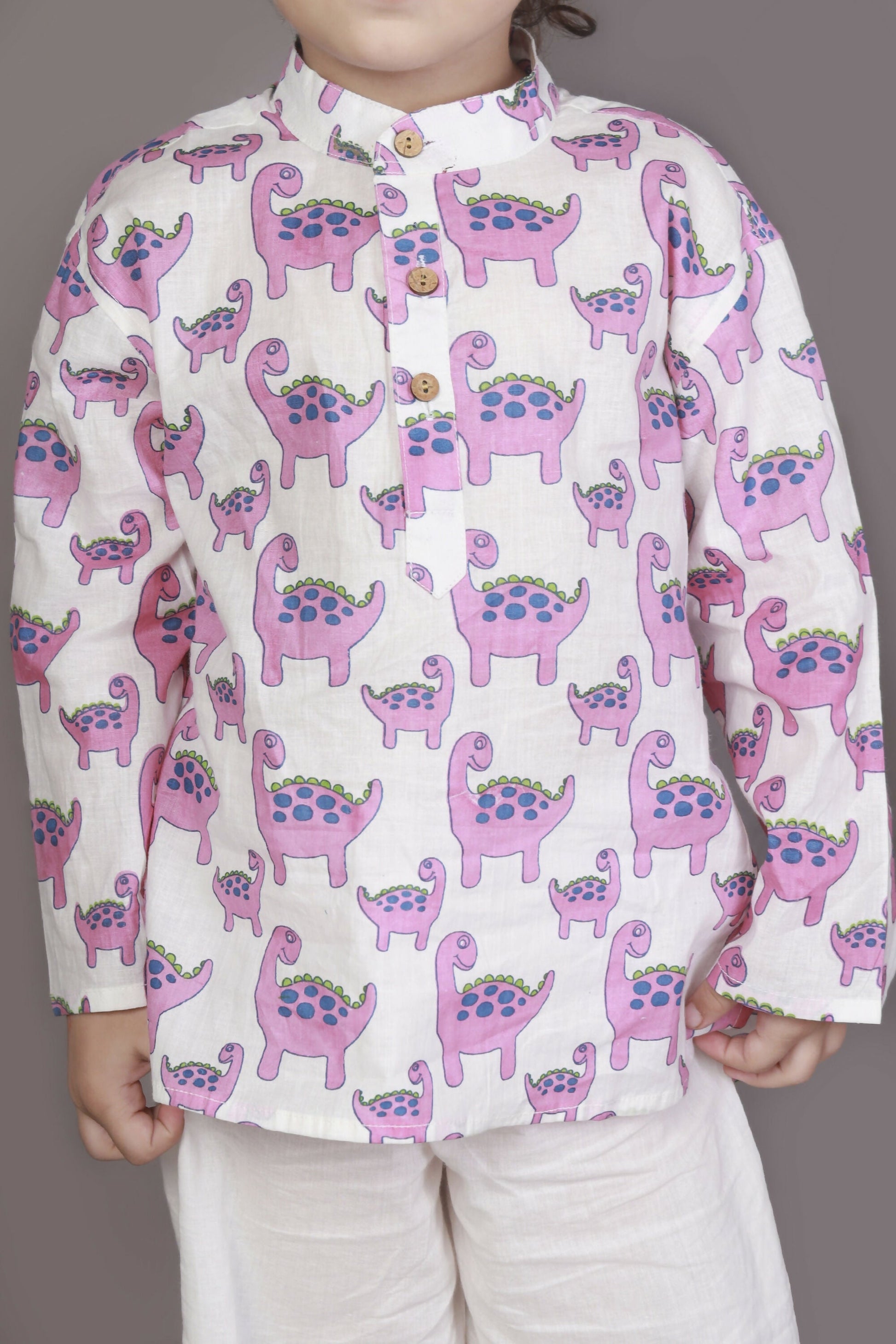 Breathables Kids Boys & Girls Cotton Night Suit – Purple Dinosaur Print Kurta & Pyjama Co-Ord Set