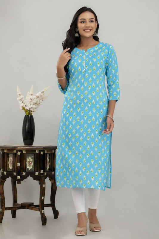 Alvano Printed Straight Kurta for Women and Girls Rayon (Lightblue)