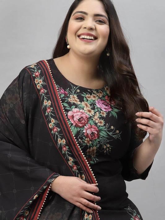 Sztori Plus Size Floral Printed Regular Straight Kurta with Palazzos & With Dupatta