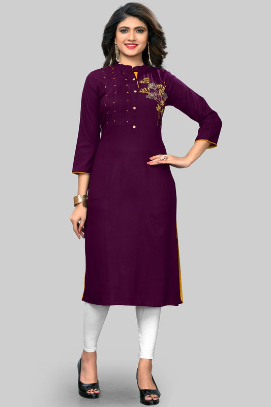 NOZ2TOZ Women's Embroidered Straight Rayon Purple Kurta Only