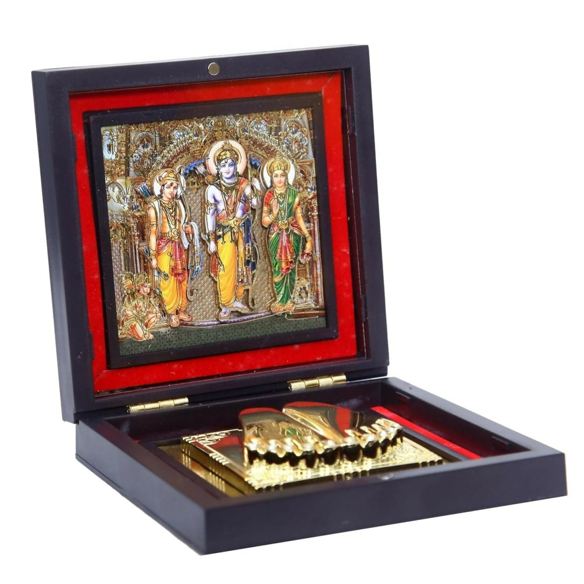 AncientlRam Darbar Pocket Temple Box With Charan Paduka Square Shaped, Gold-Polished 
