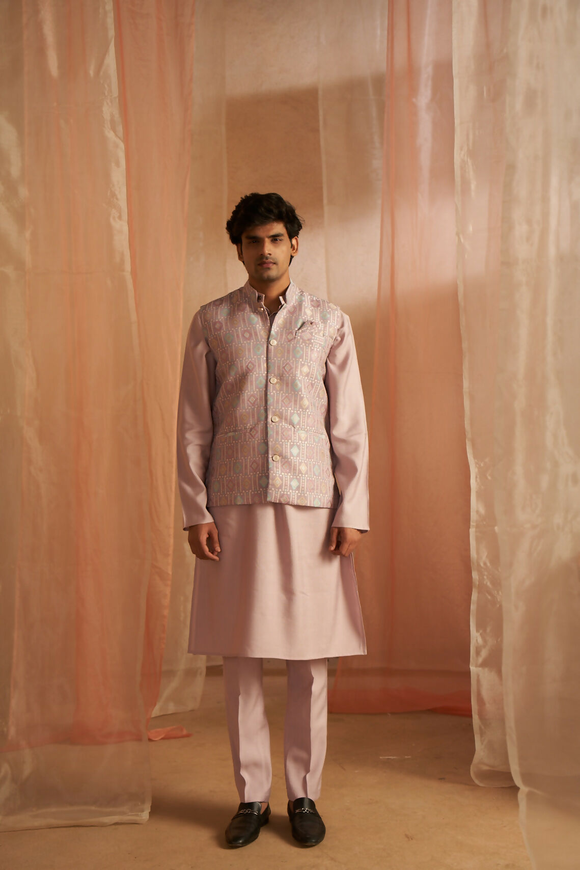 Purple Viscose Designer Printed Men's Kurta Set with Koti - Mahotsav