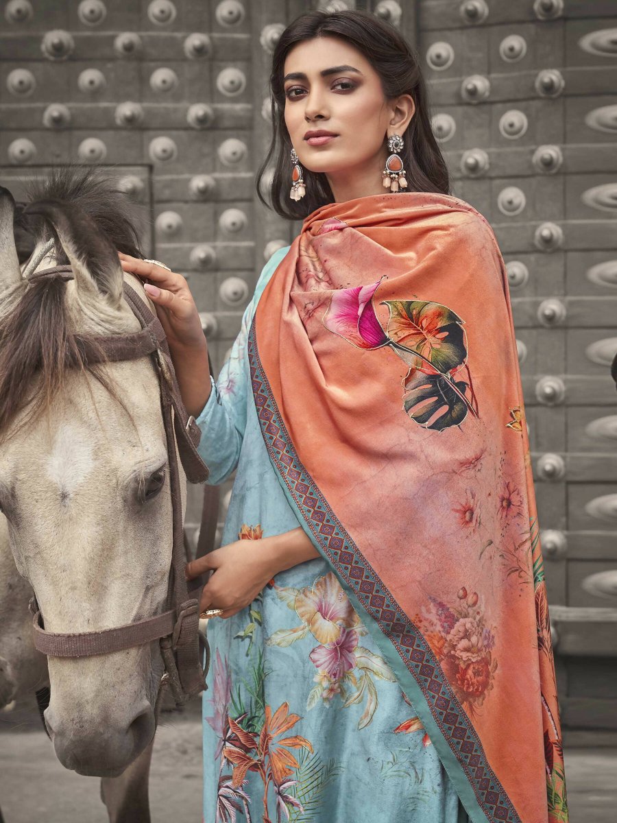 Aastha Fashion Women's Sky Blue Velvet Floral Digital Printed Kurta with Trouser & Dupatta - Grab2buy