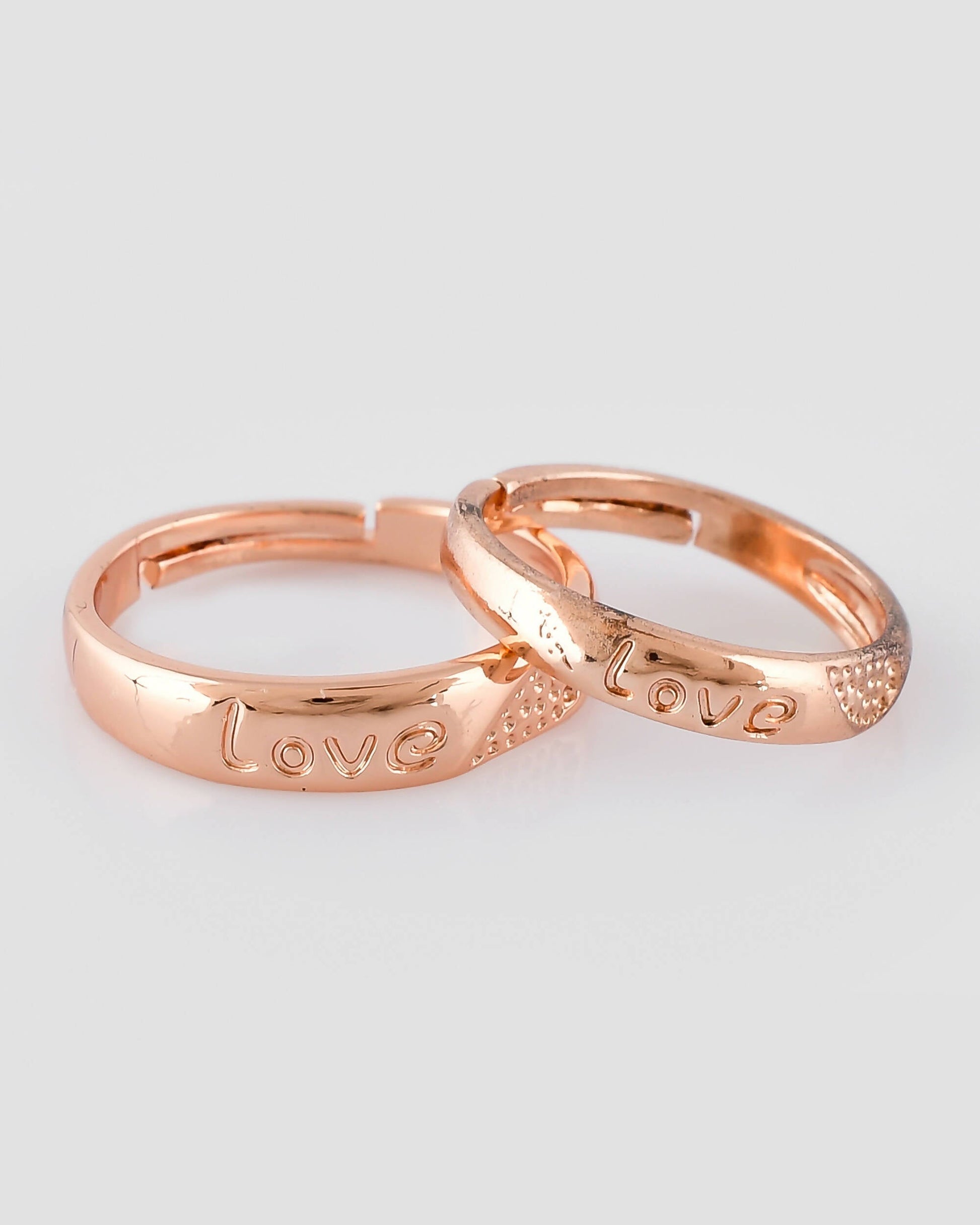 VOJ Stainless Steel Cubic Zirconia Gold-Polished Adjustable Couple Ring Set 