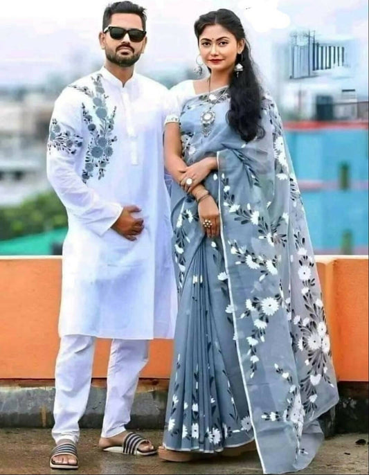 Exclusive Collection Elegant Hand Printing Designe On Pure Cotton Grab2Buy And Men's Kurta - Ash 