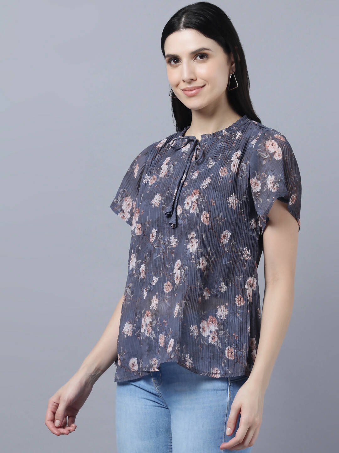 Myshka Women Charcoal Grey Peach-Coloured Floral Print Tie-Up Neck Georgette Top