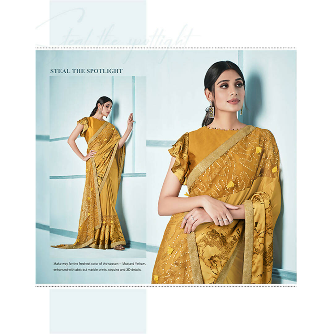 Mustard Lycra sequence Saree with Unstitched Blouse Piece - Norita Elaura