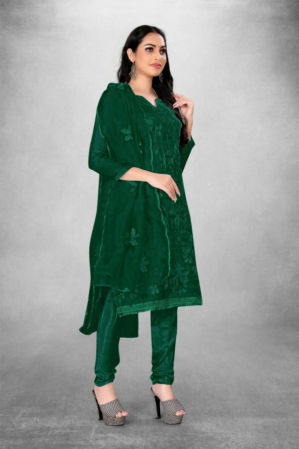 Dark Green Heavy Organza Silk Embroidered Unstitched Dress Material - Amara