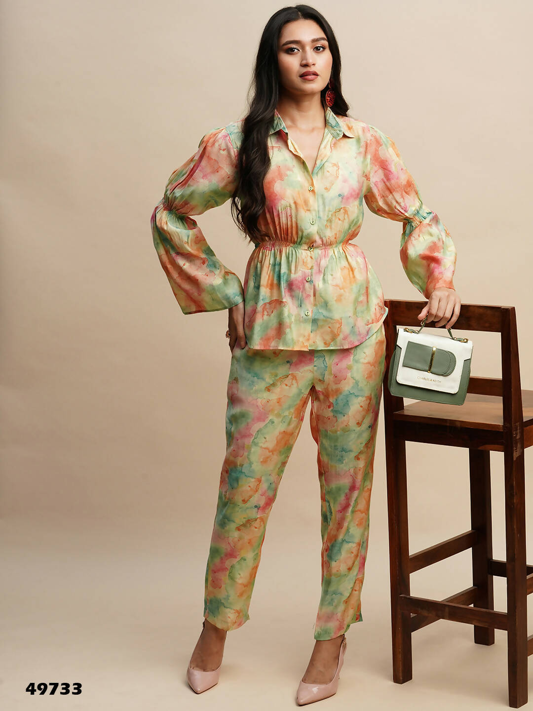Light Green & Orange Poly Rayon Tie and dye Printed Top with Matching Trouser - Shivani