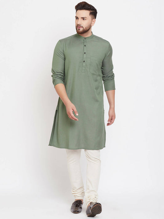 Even Apparels Green Color Linen Linen Men's Kurta With Band Collar 
