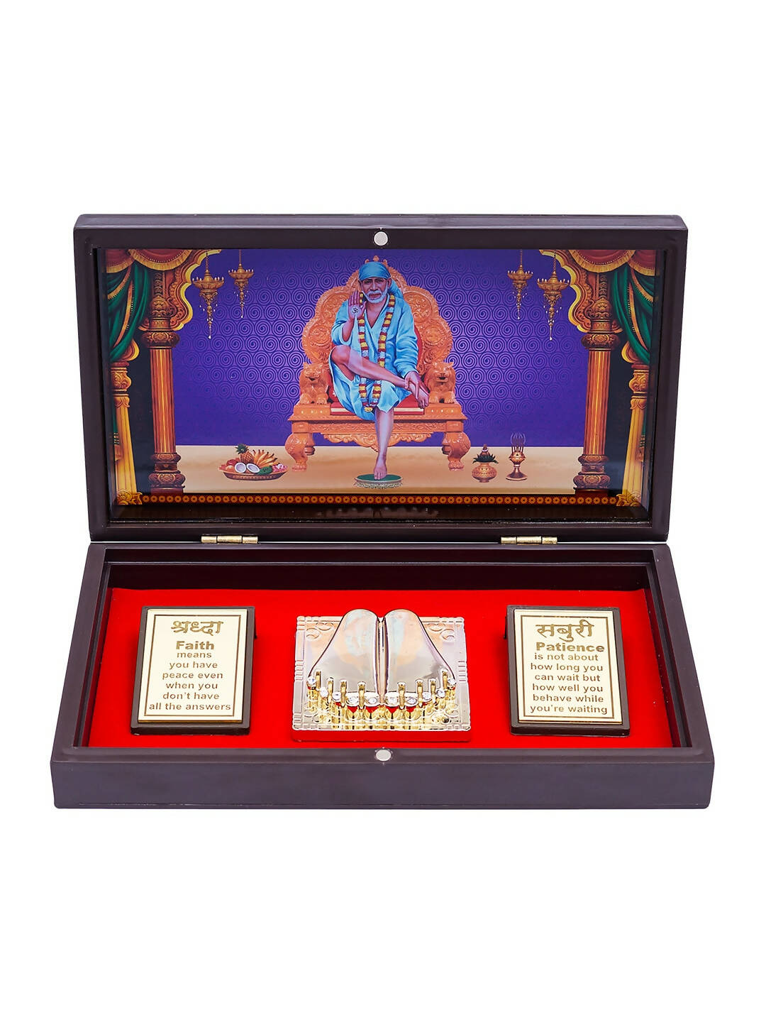 Golden Peacock Brown & Blue 24 CT Gold Foil Wooden Sri Sai Baba Pooja Box 