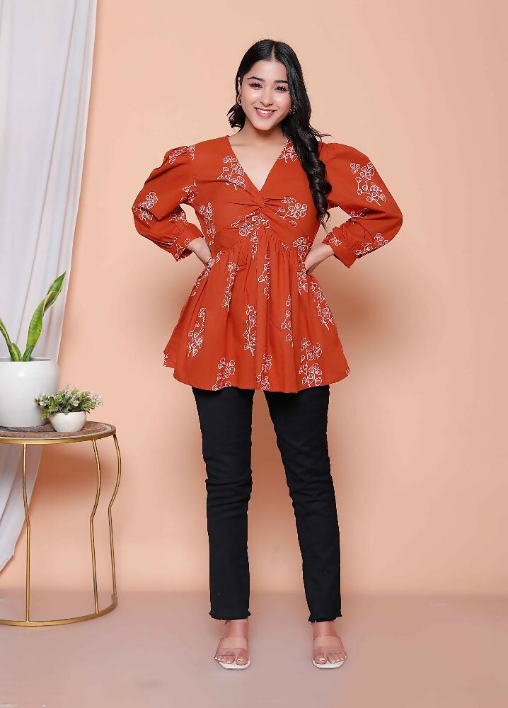 Miravan Womens Rust Floral Printed Balloon Sleeves V Neck Butterfly Top