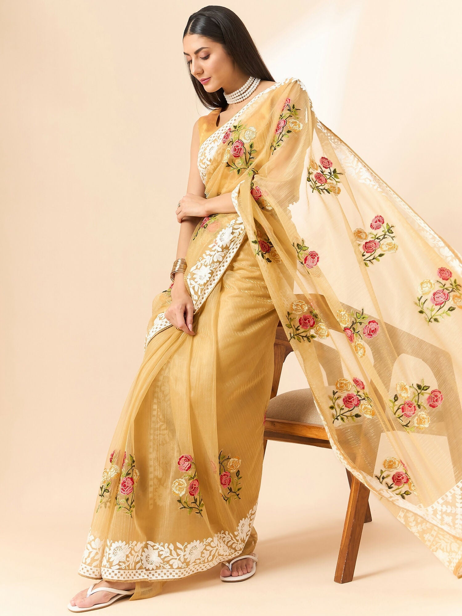 Beige Organza Floral Embroidered Saree with Unstitched Blouse Piece - Roozal