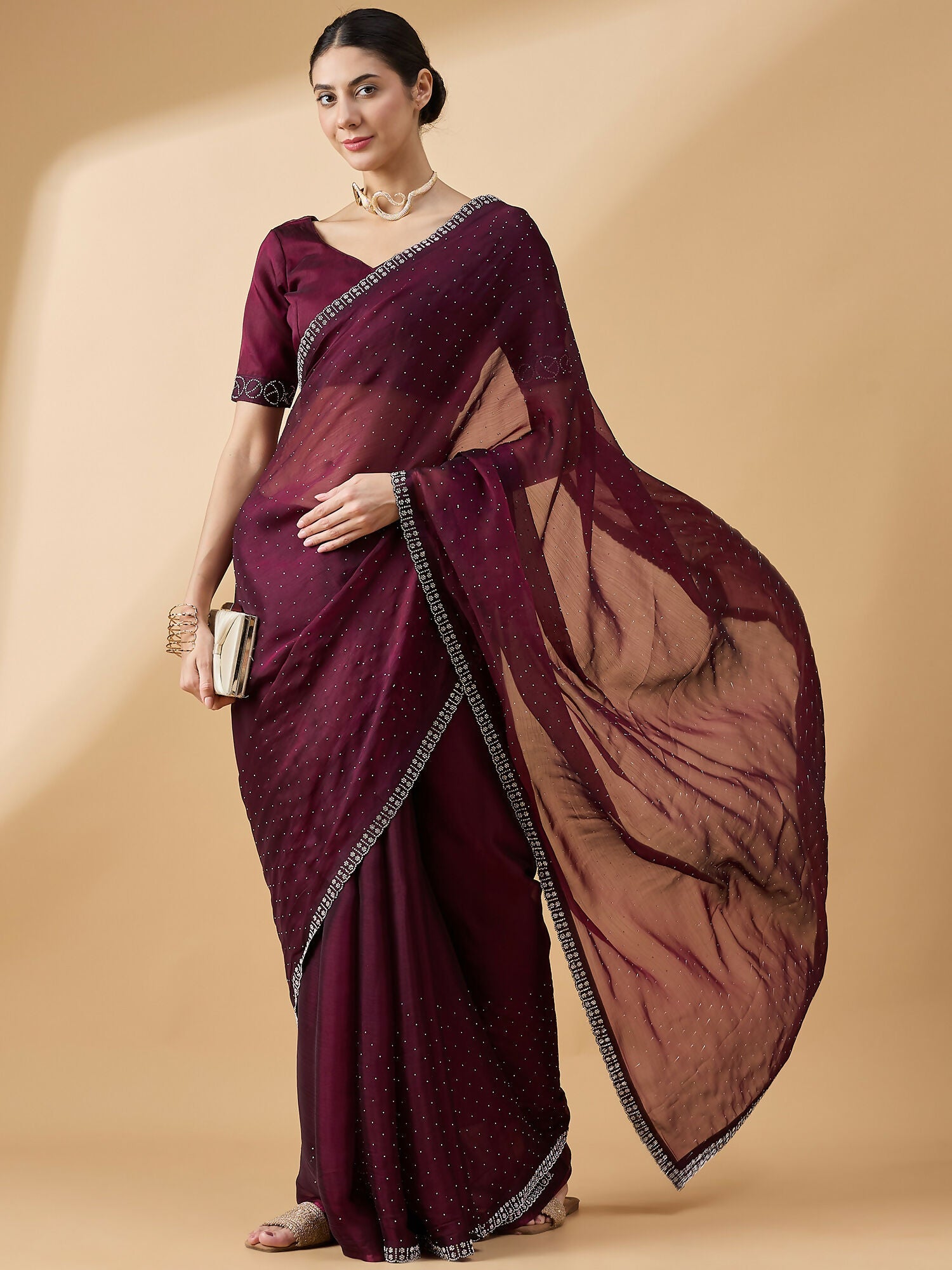 Purple Organza Swaroski Diamond Work Saree with Unstitched Blouse - Radha