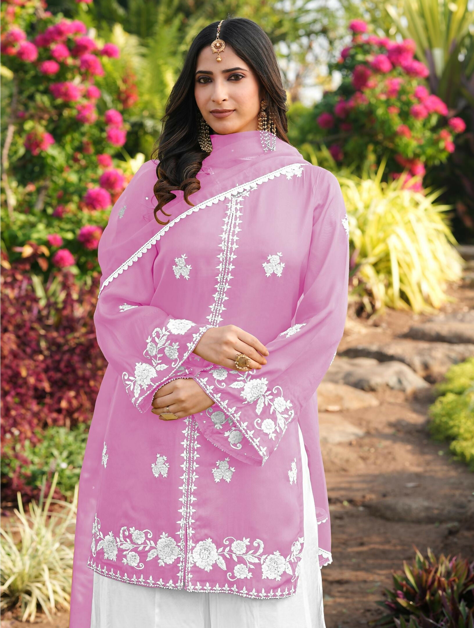 Nikhaar Light Pink Embroidered Modal Silk Stitched Straight Cut Kurta Kalidar Palazzo Dupatta Readymade Suit