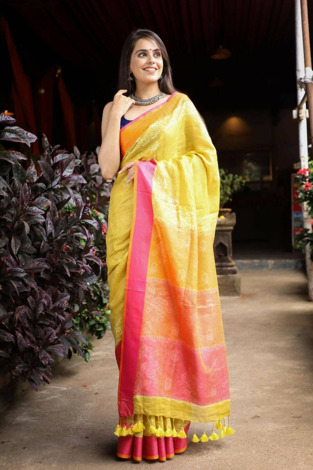 Very Much Indian Pure Linen Saree With Sleek Border And Exclusive Design - Yellow - Grab2buy