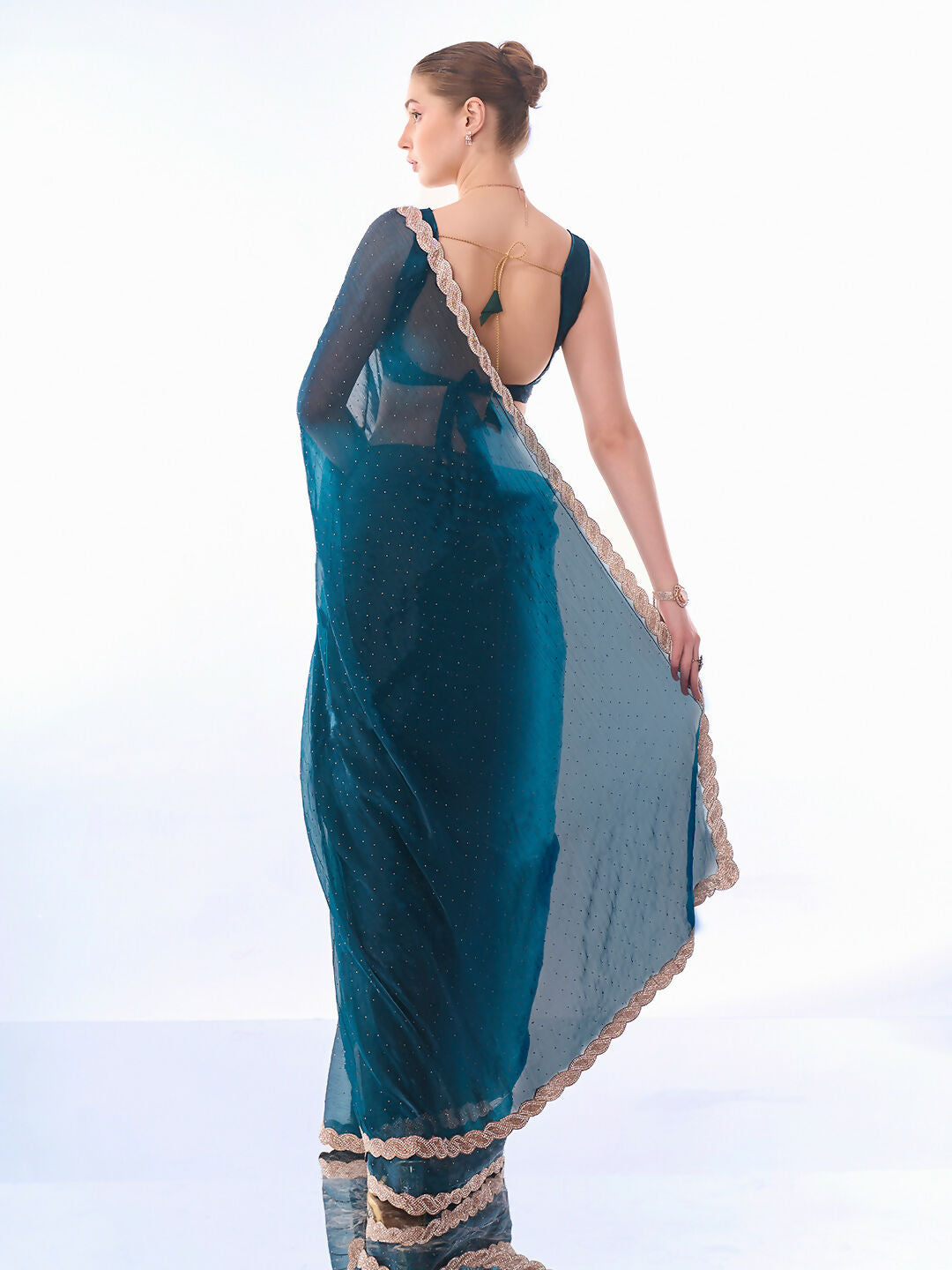 Teal Blue Burburry Designer Work Lace Border & Swarovski Work Saree - Orchid