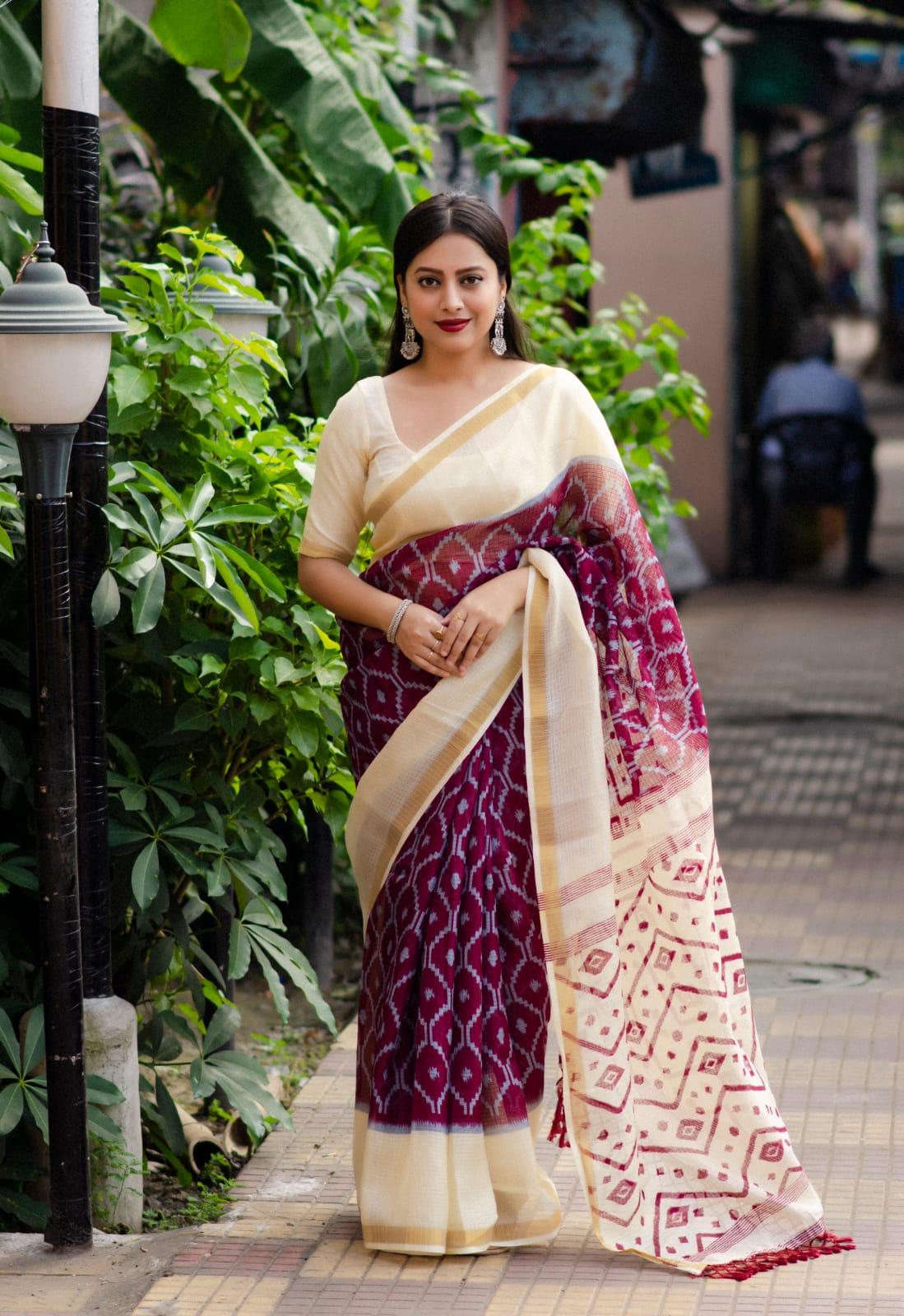 Maroon Polycotton Ethnic Motifs Saree with Unstitched Blouse - A2M