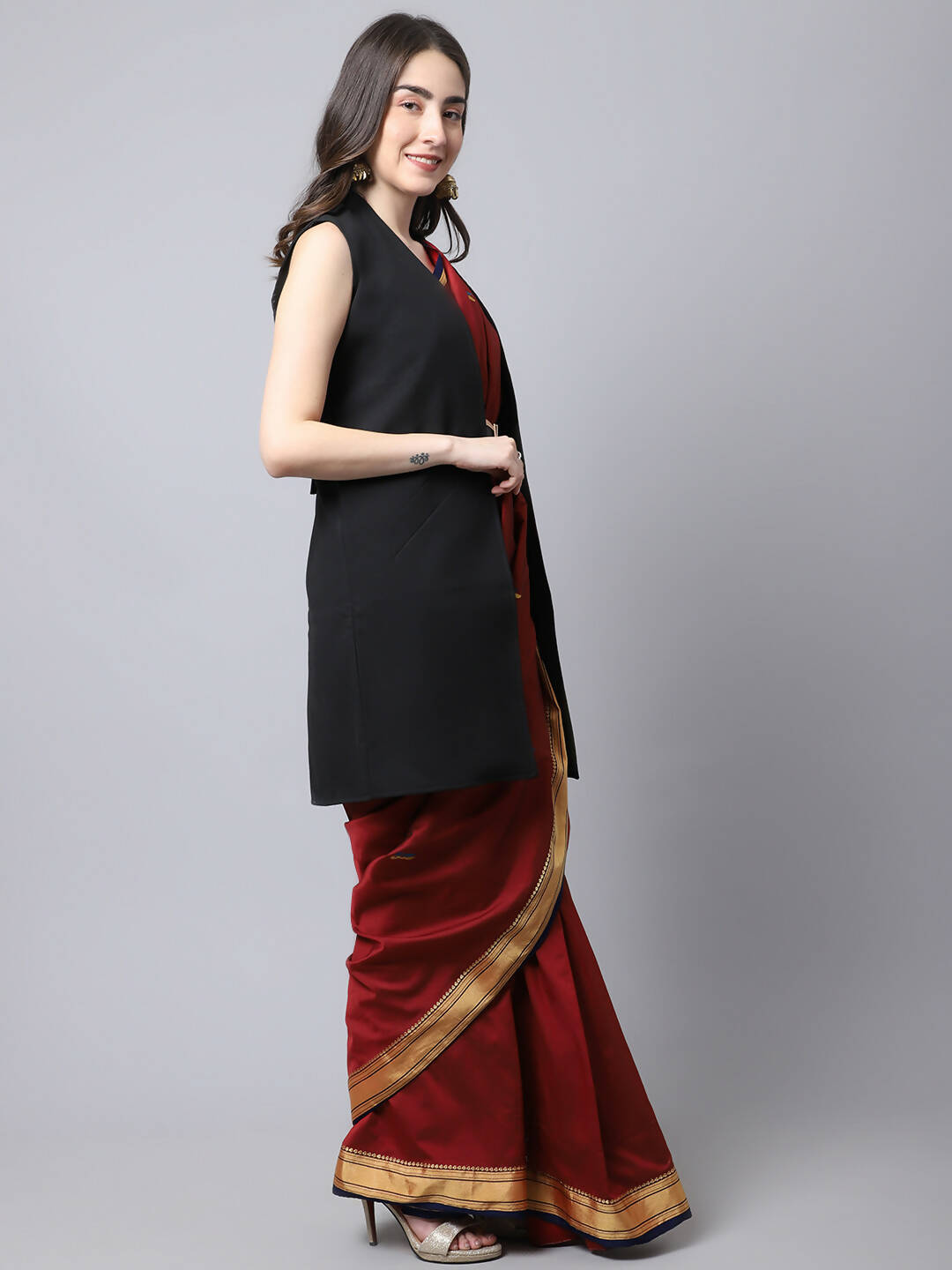 Even Apparels Black Polywool Open Front Women's Long Coat 