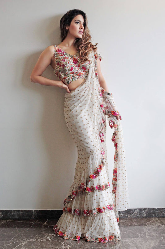 Lorenvalley Fashion White Faux Georgette Ruffle Grab2Buy with Fancy Sequence work & Blouse 