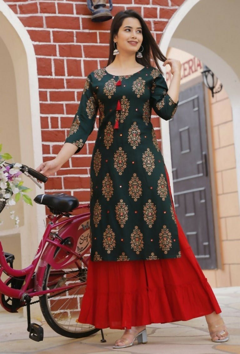 Alvano Printed Kurta With Sharara Set for Women's and Girls Rayon (Green)
