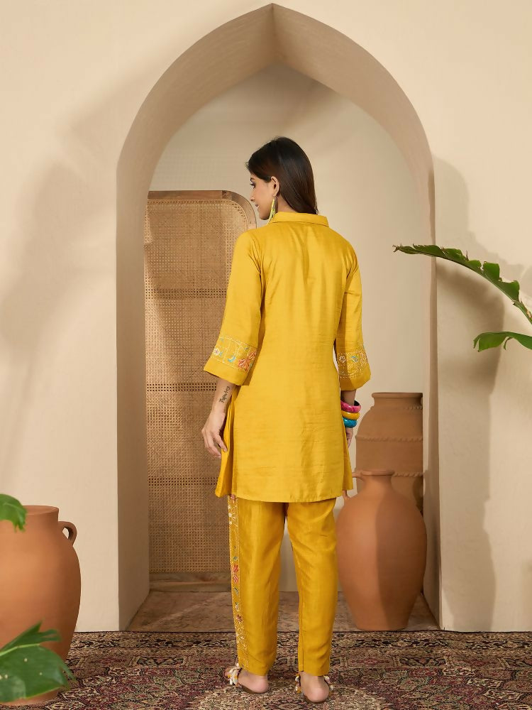 Joban Fashion Women Mustard Roman Silk Embroidered Stitched Kurta Set