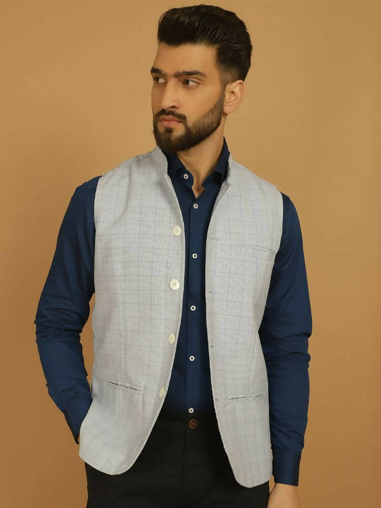 Even Apparels Nehru Jacket With Welt Pockets - Blue 